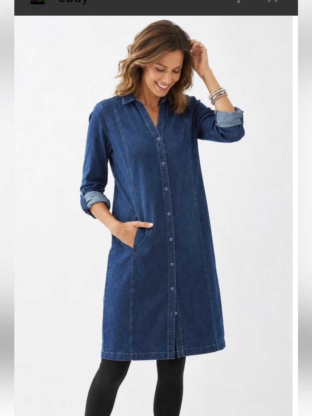 J.Jill Women’s Blue Denim Shirt Dress Roll Tab/button Long Sleeve size LP